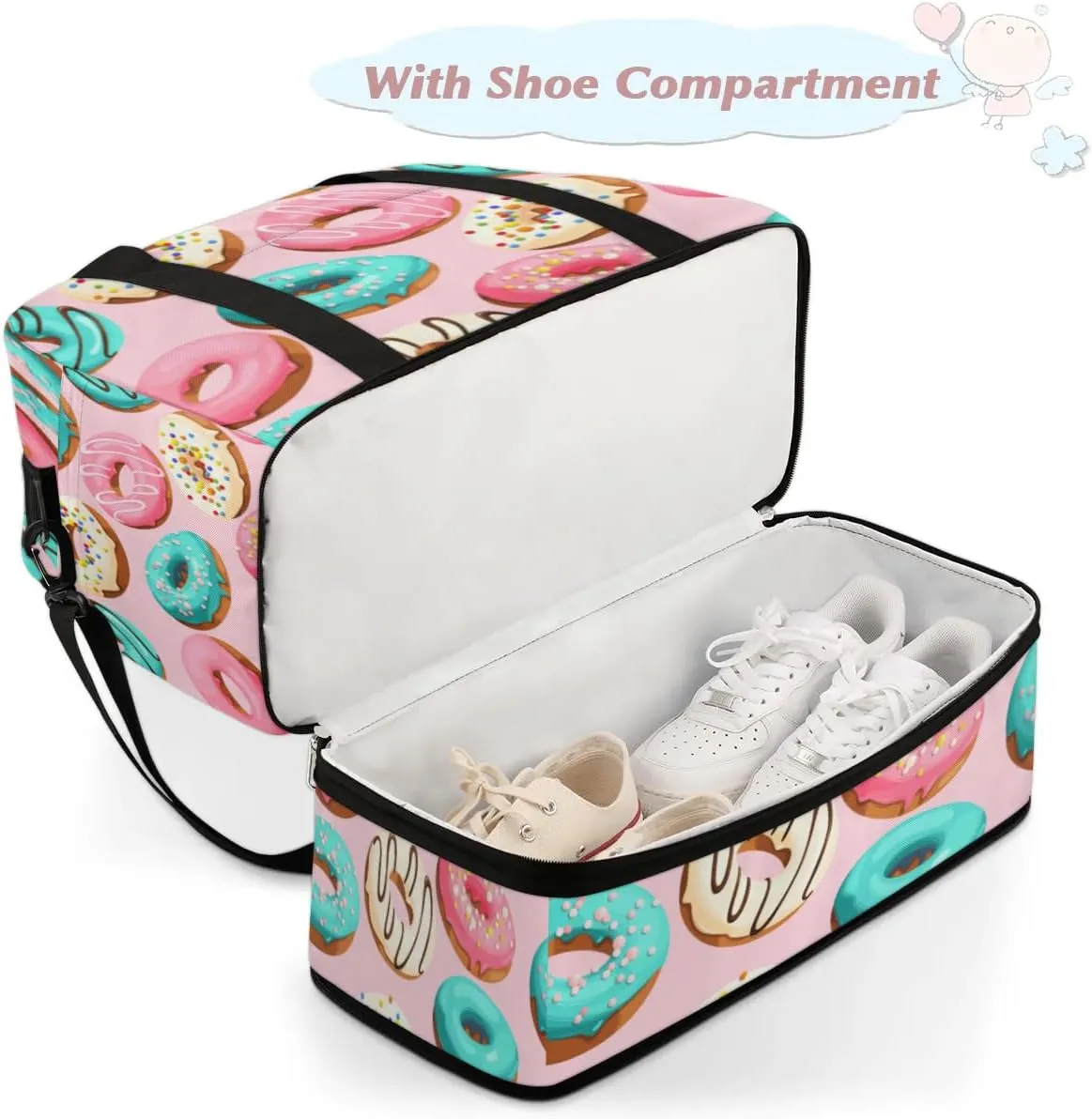 Cartoon Donuts Sports Gym Bag with Shoes Compartment Foldable Travel Duffel Bag Dry Wet Separated Sports Tote Workout Weekender Overnight Bag for Women Yoga Dance Work Training Handbag