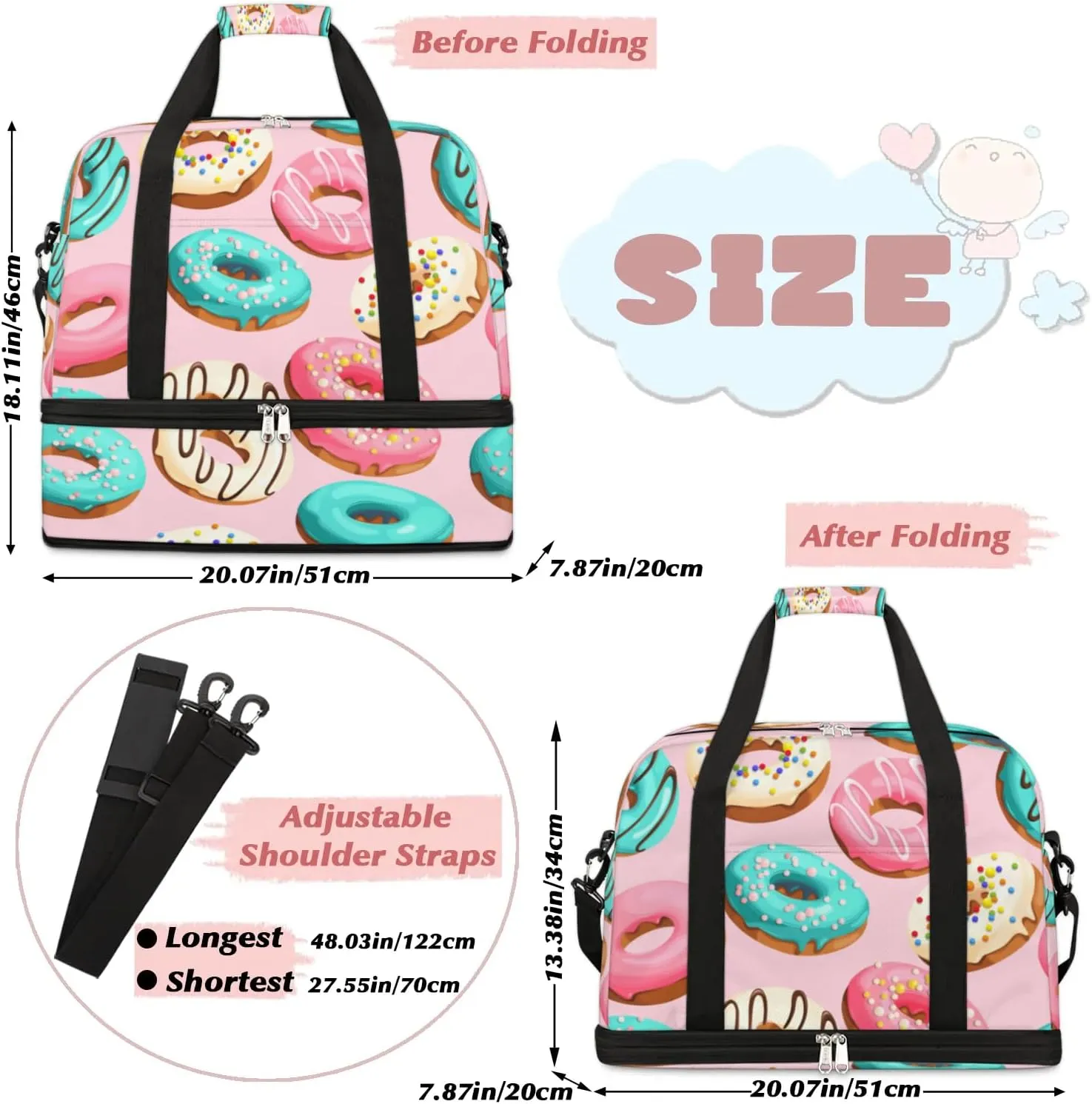Cartoon Donuts Sports Gym Bag with Shoes Compartment Foldable Travel Duffel Bag Dry Wet Separated Sports Tote Workout Weekender Overnight Bag for Women Yoga Dance Work Training Handbag