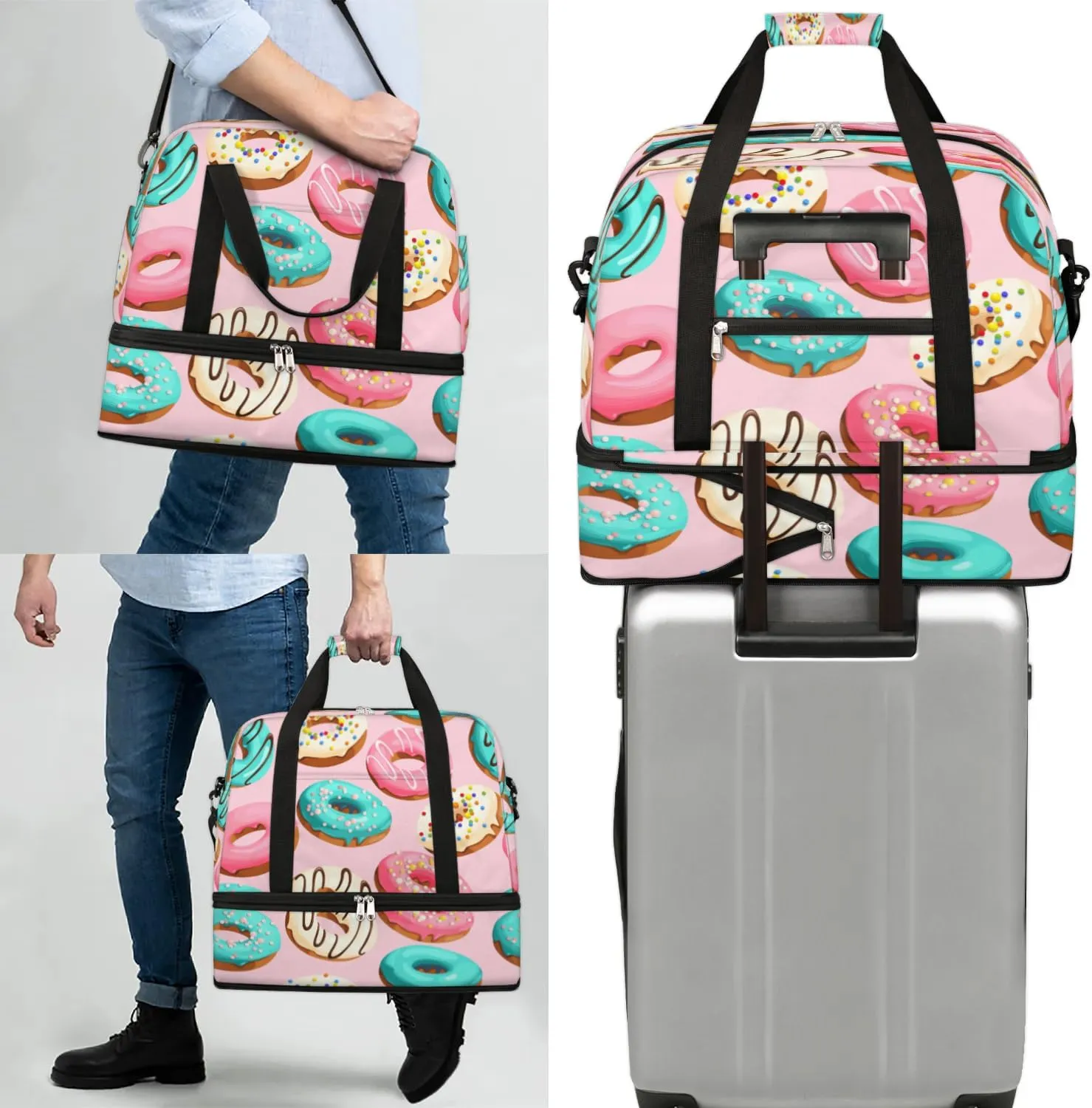 Cartoon Donuts Sports Gym Bag with Shoes Compartment Foldable Travel Duffel Bag Dry Wet Separated Sports Tote Workout Weekender Overnight Bag for Women Yoga Dance Work Training Handbag