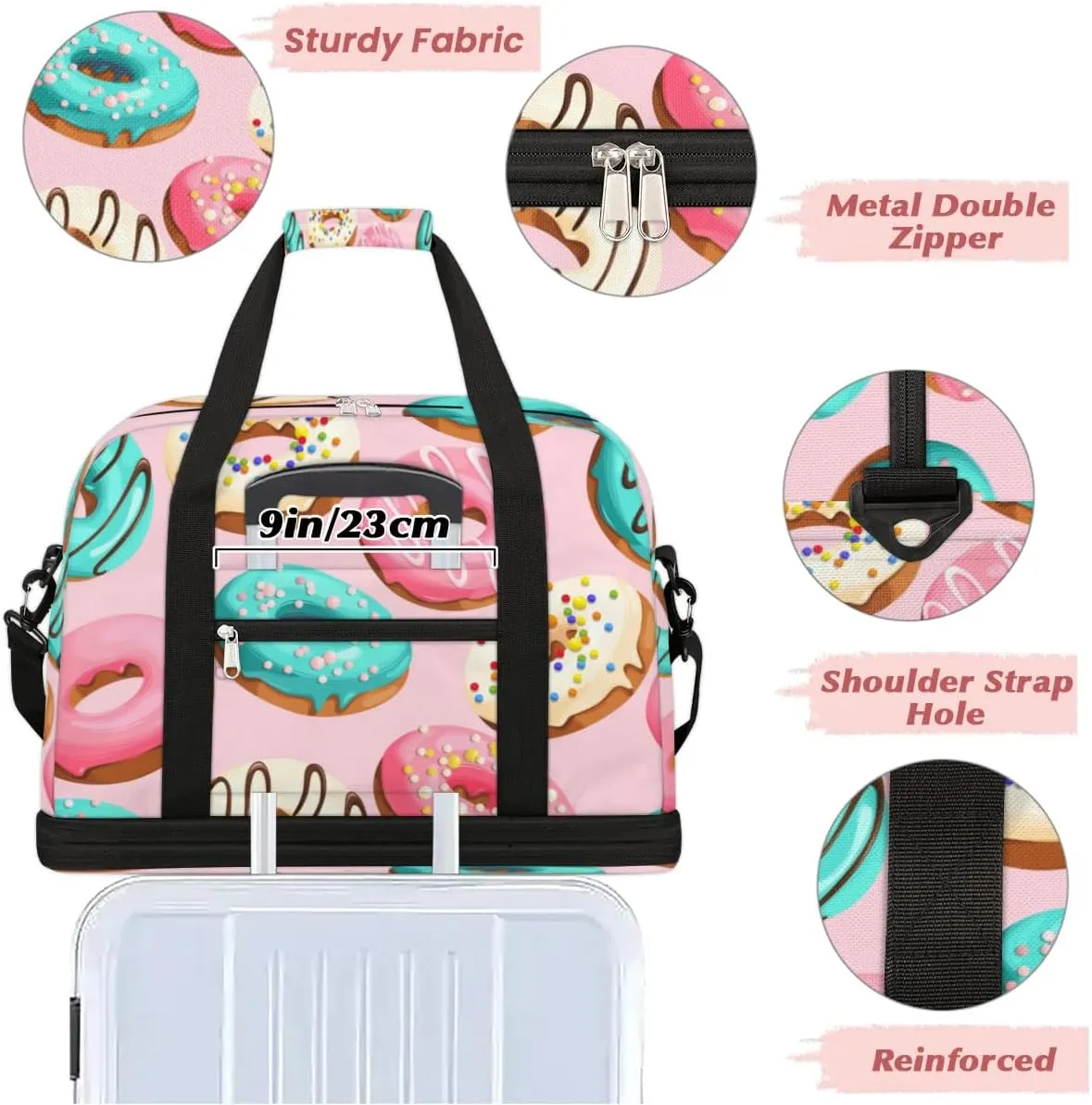 Cartoon Donuts Sports Gym Bag with Shoes Compartment Foldable Travel Duffel Bag Dry Wet Separated Sports Tote Workout Weekender Overnight Bag for Women Yoga Dance Work Training Handbag