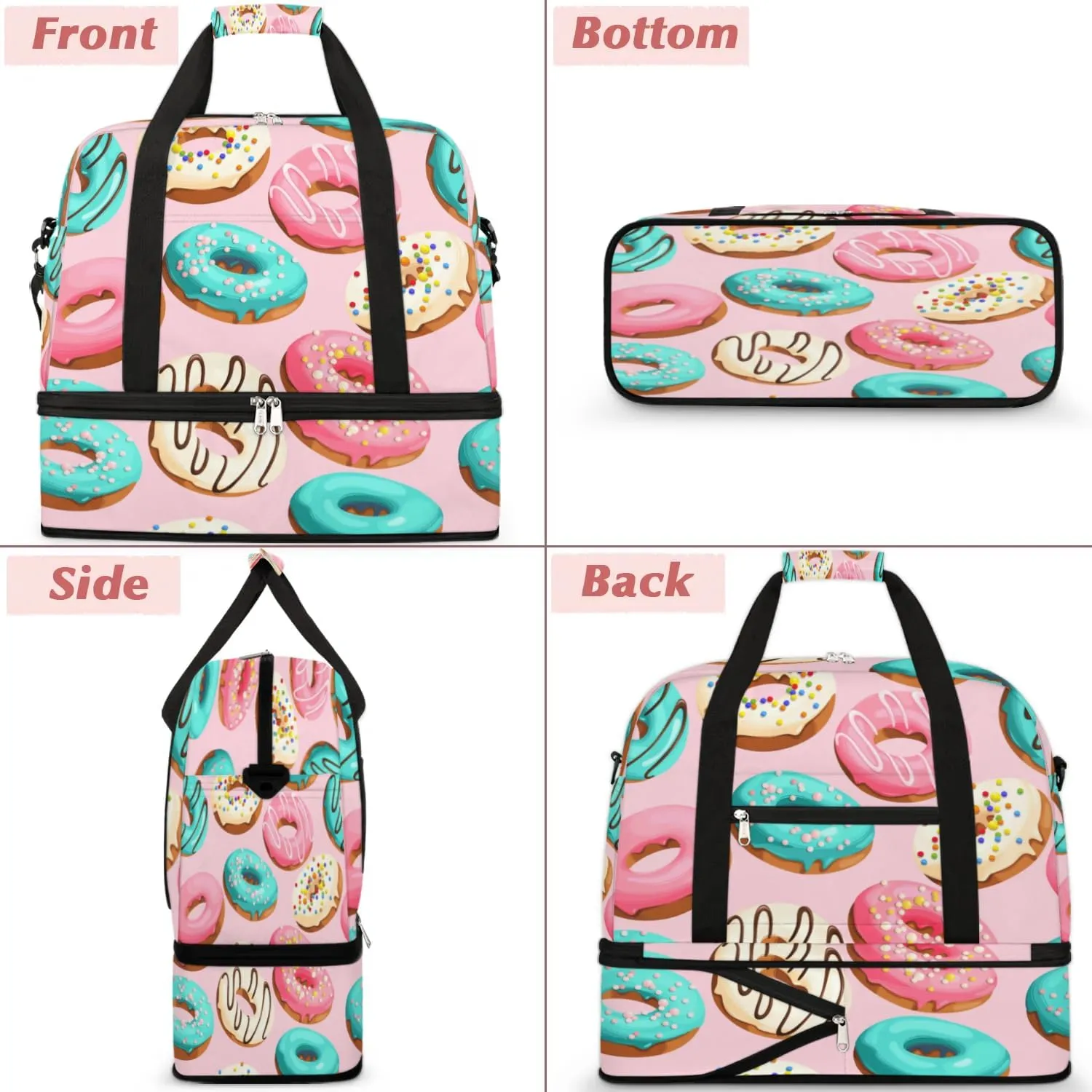 Cartoon Donuts Sports Gym Bag with Shoes Compartment Foldable Travel Duffel Bag Dry Wet Separated Sports Tote Workout Weekender Overnight Bag for Women Yoga Dance Work Training Handbag