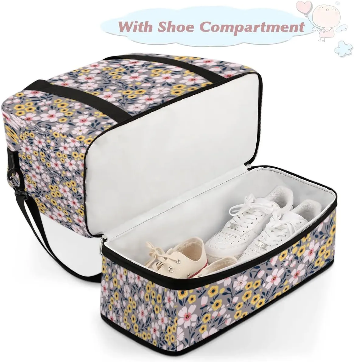 Cartoon Floral Petals Sports Gym Bag with Shoes Compartment Foldable Travel Duffel Bag Dry Wet Separated Sports Tote Workout Weekender Overnight Bag for Women Yoga Dance Work Training Handbag