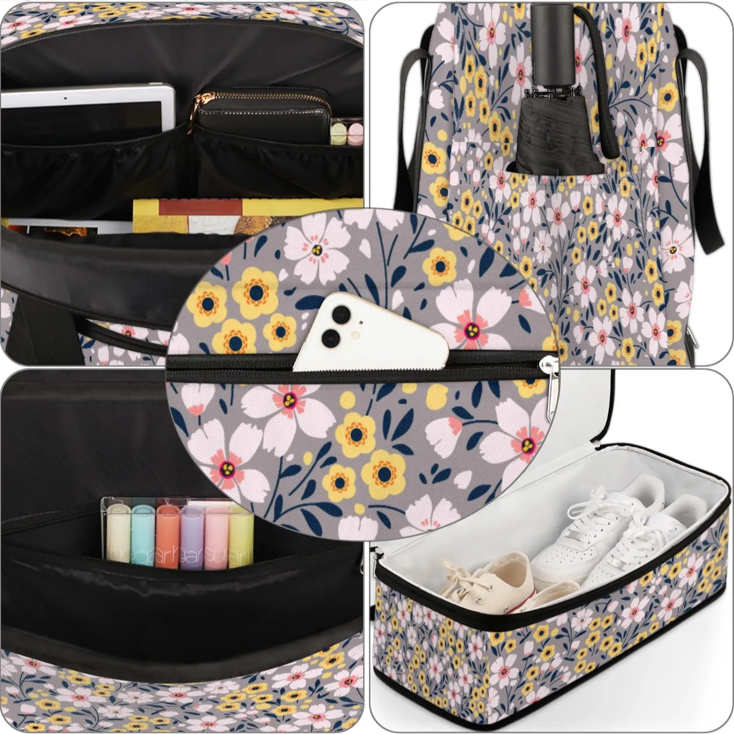 Cartoon Floral Petals Sports Gym Bag with Shoes Compartment Foldable Travel Duffel Bag Dry Wet Separated Sports Tote Workout Weekender Overnight Bag for Women Yoga Dance Work Training Handbag