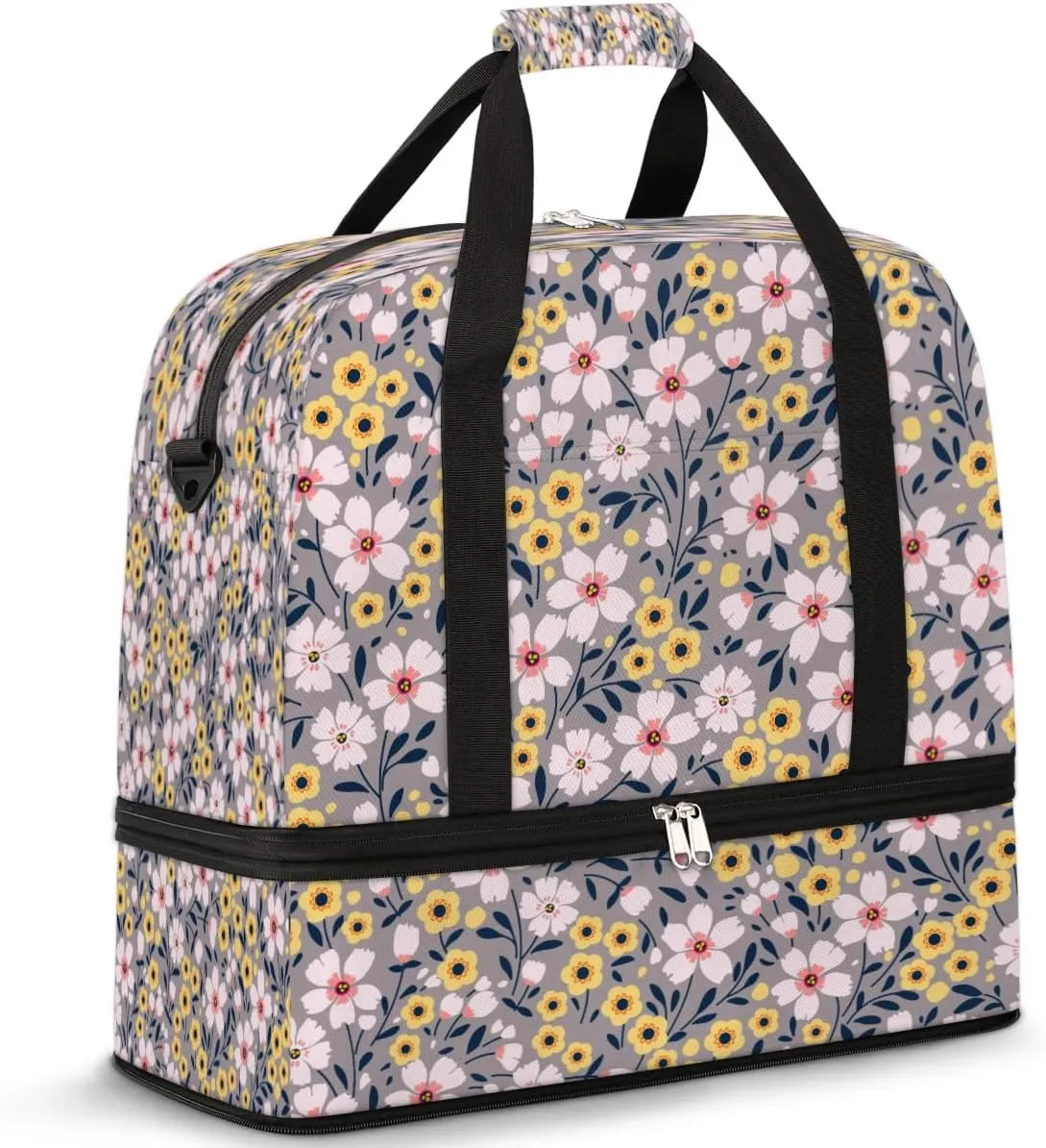 Cartoon Floral Petals Sports Gym Bag with Shoes Compartment Foldable Travel Duffel Bag Dry Wet Separated Sports Tote Workout Weekender Overnight Bag for Women Yoga Dance Work Training Handbag
