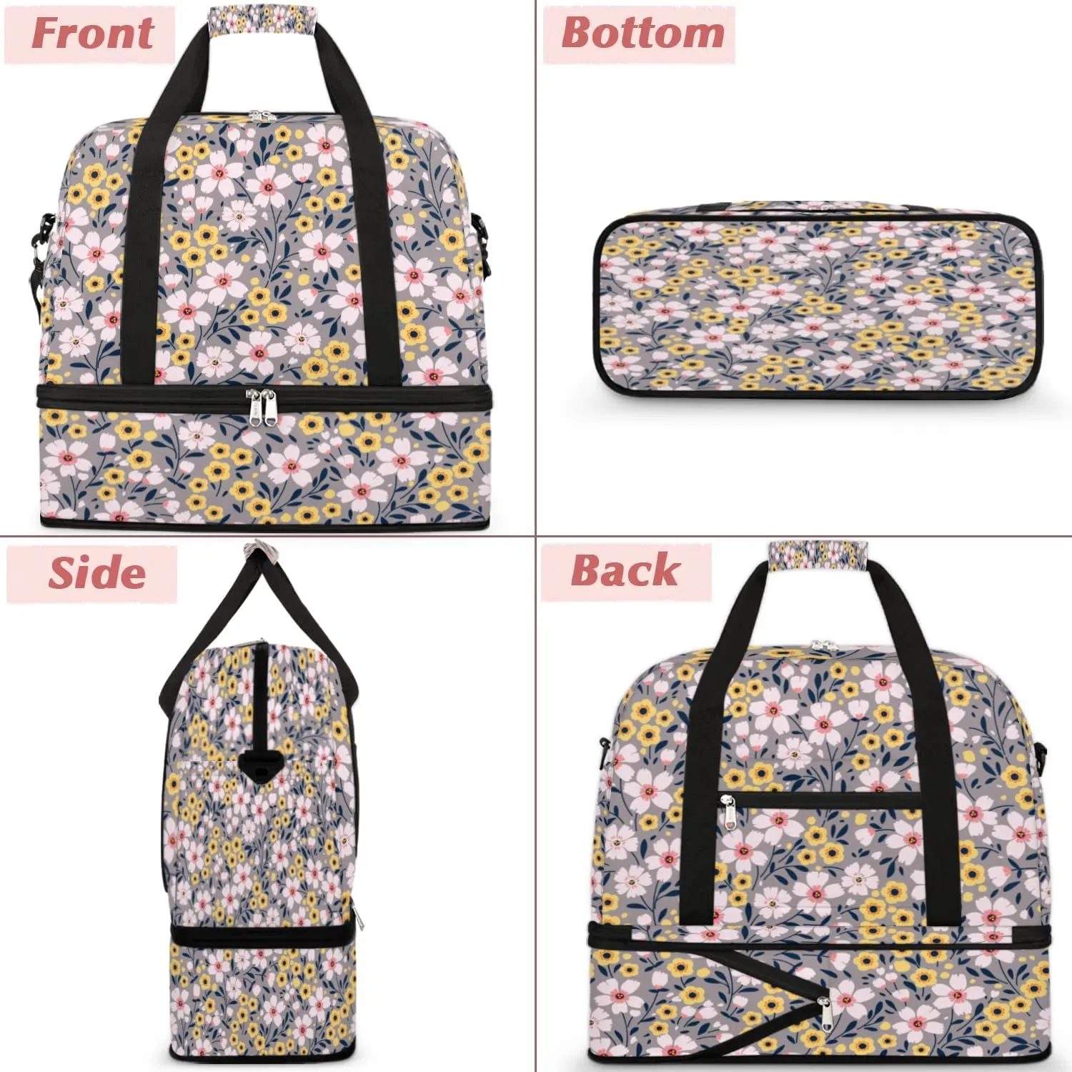 Cartoon Floral Petals Sports Gym Bag with Shoes Compartment Foldable Travel Duffel Bag Dry Wet Separated Sports Tote Workout Weekender Overnight Bag for Women Yoga Dance Work Training Handbag