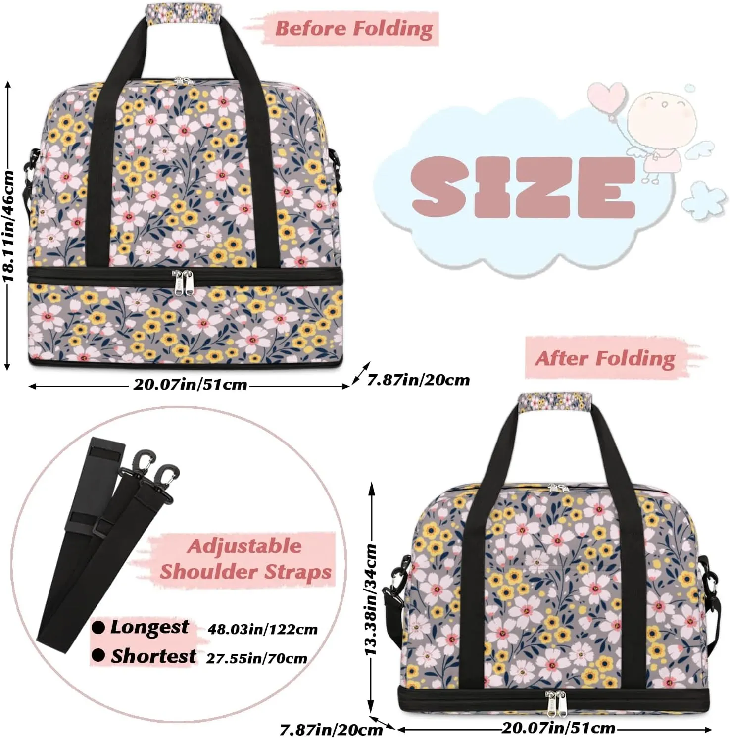 Cartoon Floral Petals Sports Gym Bag with Shoes Compartment Foldable Travel Duffel Bag Dry Wet Separated Sports Tote Workout Weekender Overnight Bag for Women Yoga Dance Work Training Handbag