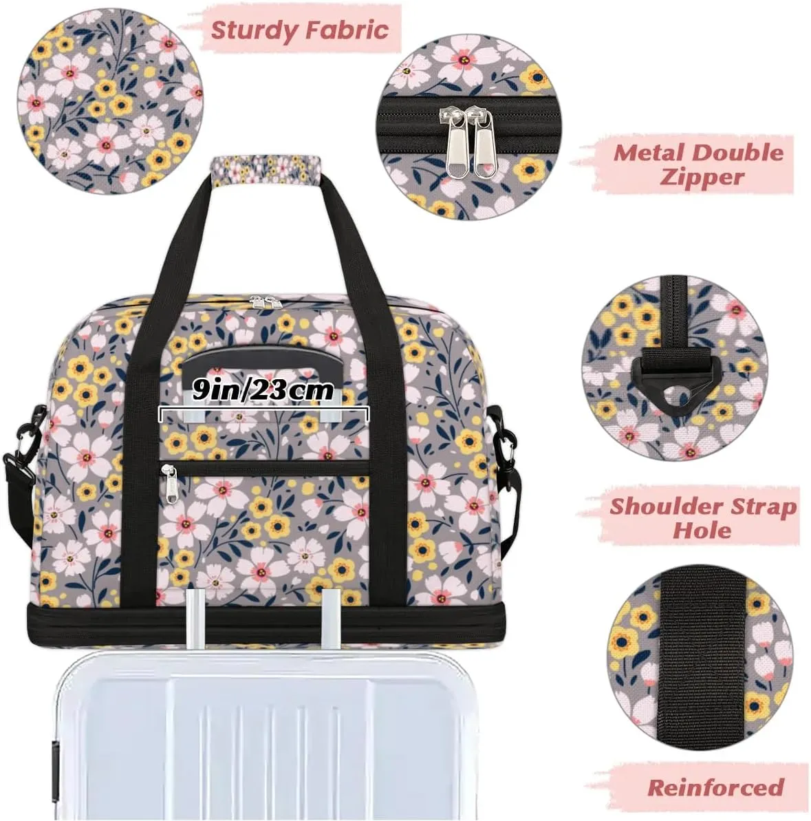 Cartoon Floral Petals Sports Gym Bag with Shoes Compartment Foldable Travel Duffel Bag Dry Wet Separated Sports Tote Workout Weekender Overnight Bag for Women Yoga Dance Work Training Handbag