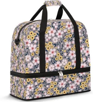 Cartoon Floral Petals Sports Gym Bag with Shoes Compartment Foldable Travel Duffel Bag Dry Wet Separated Sports Tote Workout Weekender Overnight Bag for Women Yoga Dance Work Training Handbag