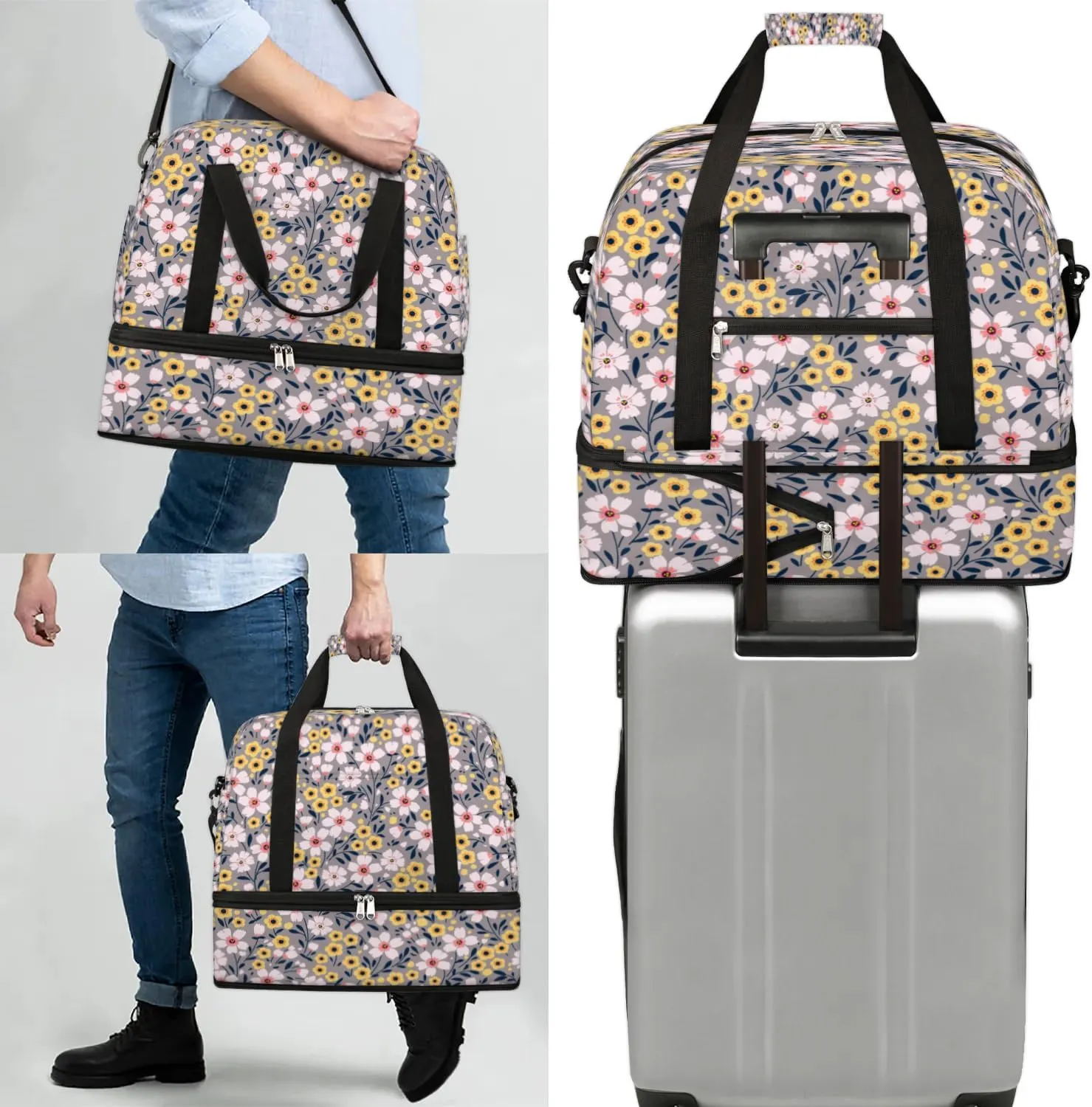 Cartoon Floral Petals Sports Gym Bag with Shoes Compartment Foldable Travel Duffel Bag Dry Wet Separated Sports Tote Workout Weekender Overnight Bag for Women Yoga Dance Work Training Handbag