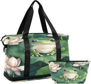 Cartoon Pond Frog Gym Bag for Women Sport Travel Duffel Bag Shoulder Weekender Overnight Bags with Wet Pocket & Shoe Compartment
