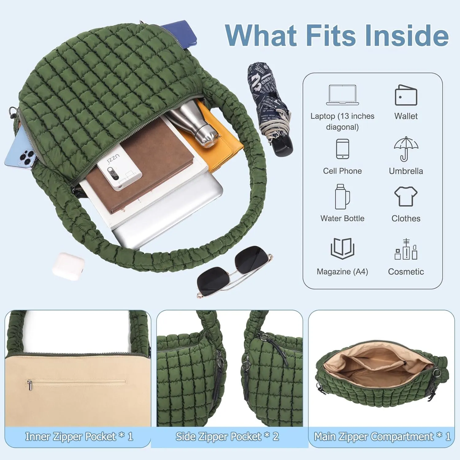 CATMICOO Puffer Tote Bag for Women: Carryall Puff Shoulder Bag for Travel - Lightweight Quilted Bag for Gym