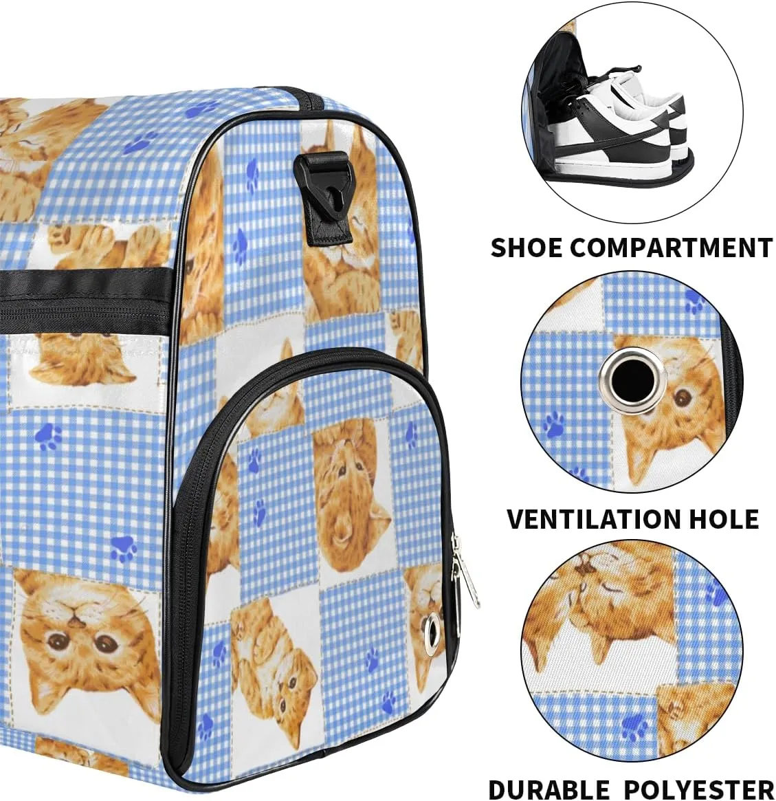 Cats Face Pattern Sports Gym Bag for Women Men Travel Duffel Bag with Wet Pocket & Shoes Compartment Waterproof Weekender Overnight Tote Carry on Bag Lightweight