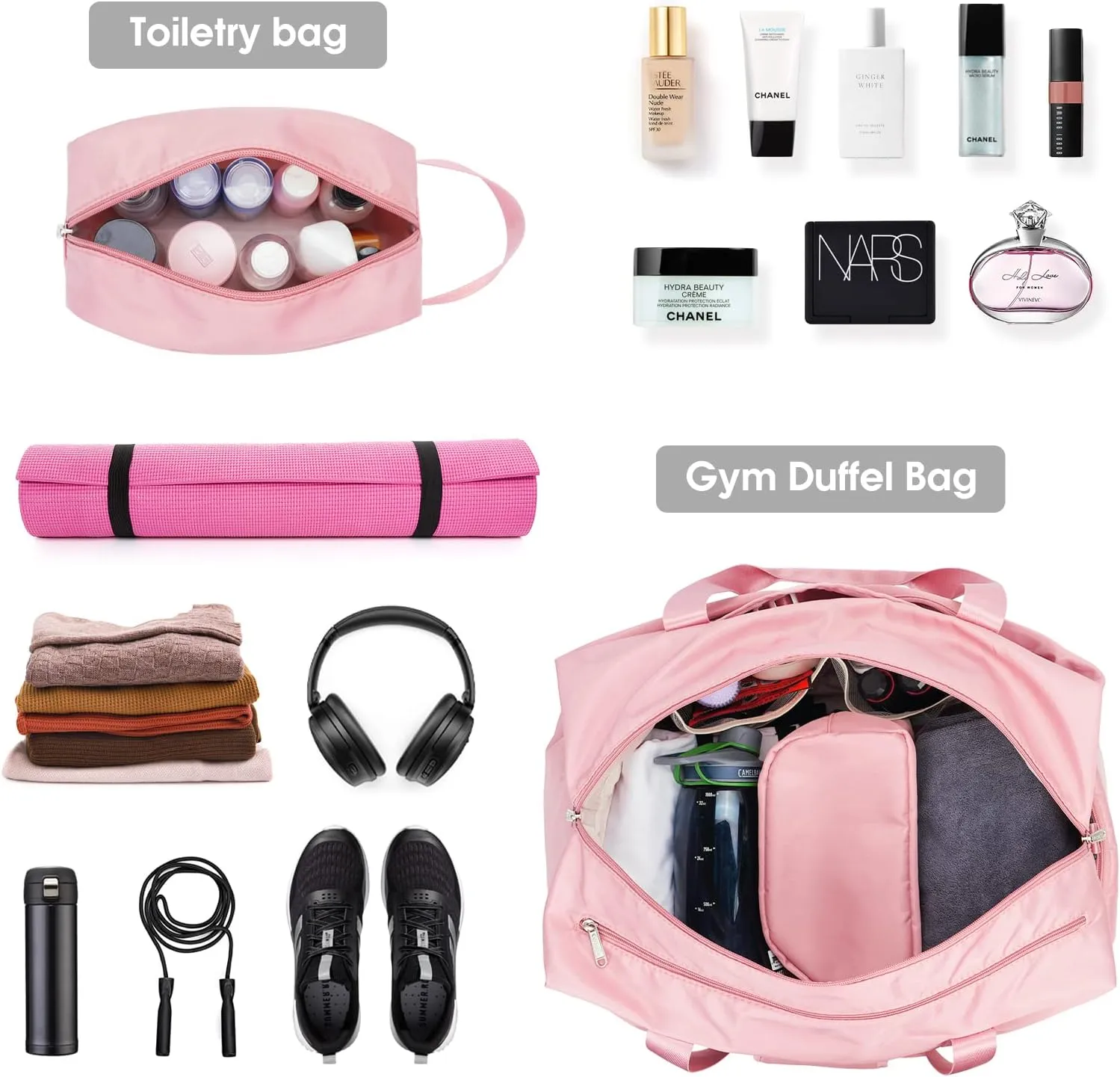 Ceneda 20" Gym Duffel Bag with Wet Pocket Shoes Compartment Portable Overnight Weekender Bag Travel bag Yoga Bag for Women (Pink)