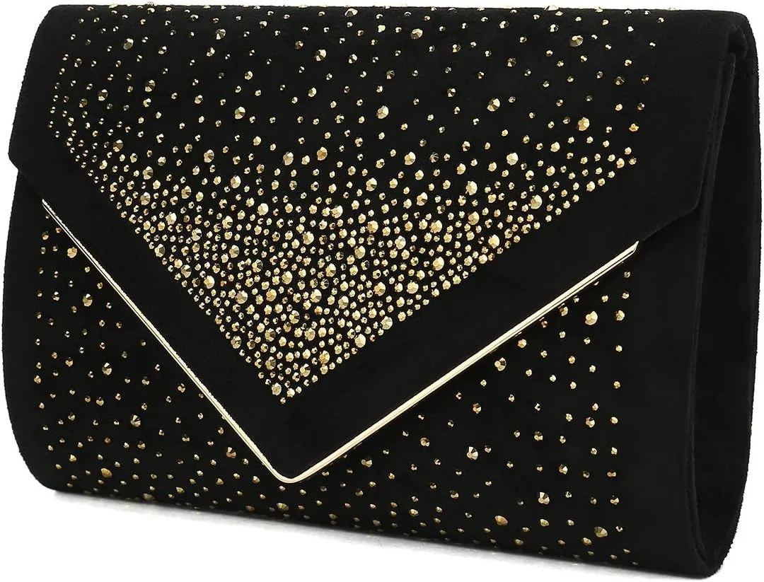 CHARMING TAILOR Envelope Purse Formal Faux Suede Clutch Rhinestone Evening Bag for Women Party Handbag
