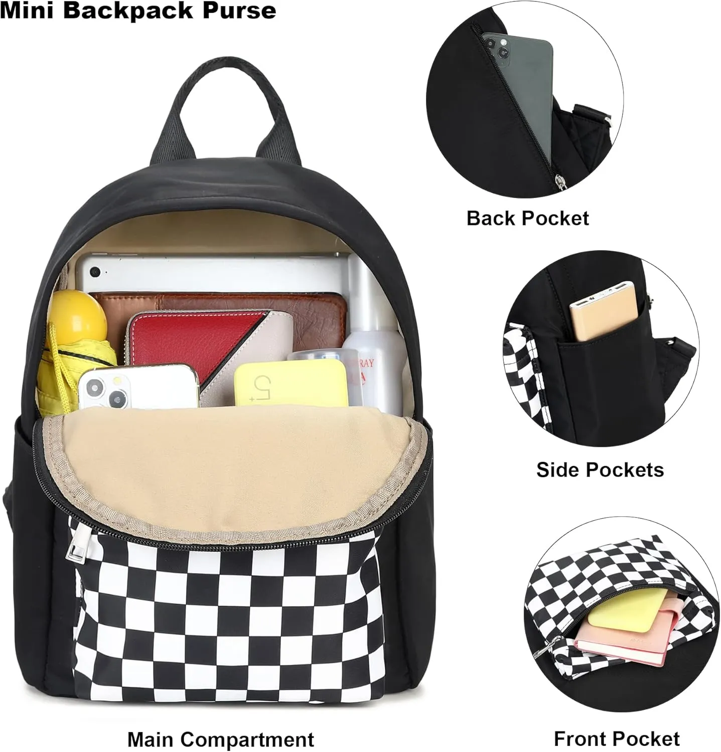 Checkered Mini Backpack Women Girls, Small Backpack Purse for Adults Teens Kids School Travel