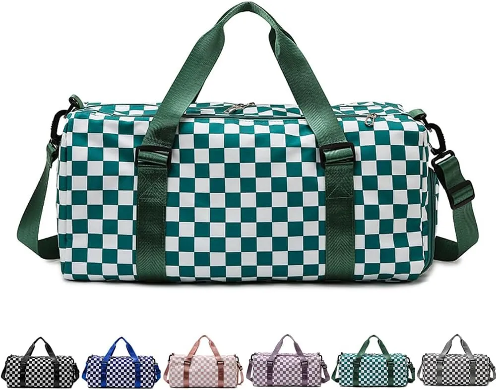Checkered Sports Duffel Bags for Women/Men, Gym Bag with Shoes Compartment & Wet Pocket, Dance Bag for Girls,Traveling Overnight Bag Weekender Bag (purple)