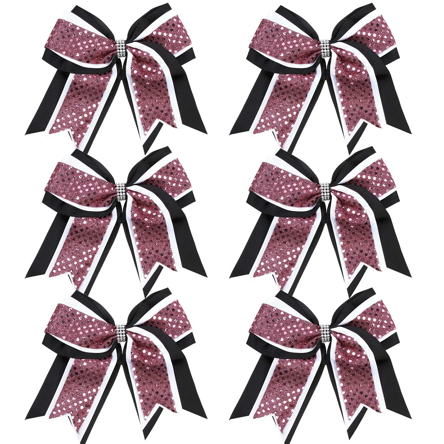 Cheerleader Bows 8 Inch 3 Layers 6 Pcs Ponytail Holder Jumbo Cheerleading Bows Hair Elastic Hair Tie for High School College (Black/White/Maroon)