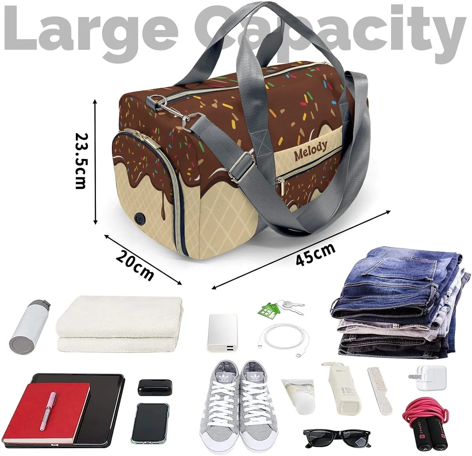 Choocolate Ice Cream Personalized Duffel Bag,Custom Travel Gym Bag with Name,Waterproof Sports Overnight Bag with Shoe Compartment & Shoulder Strap
