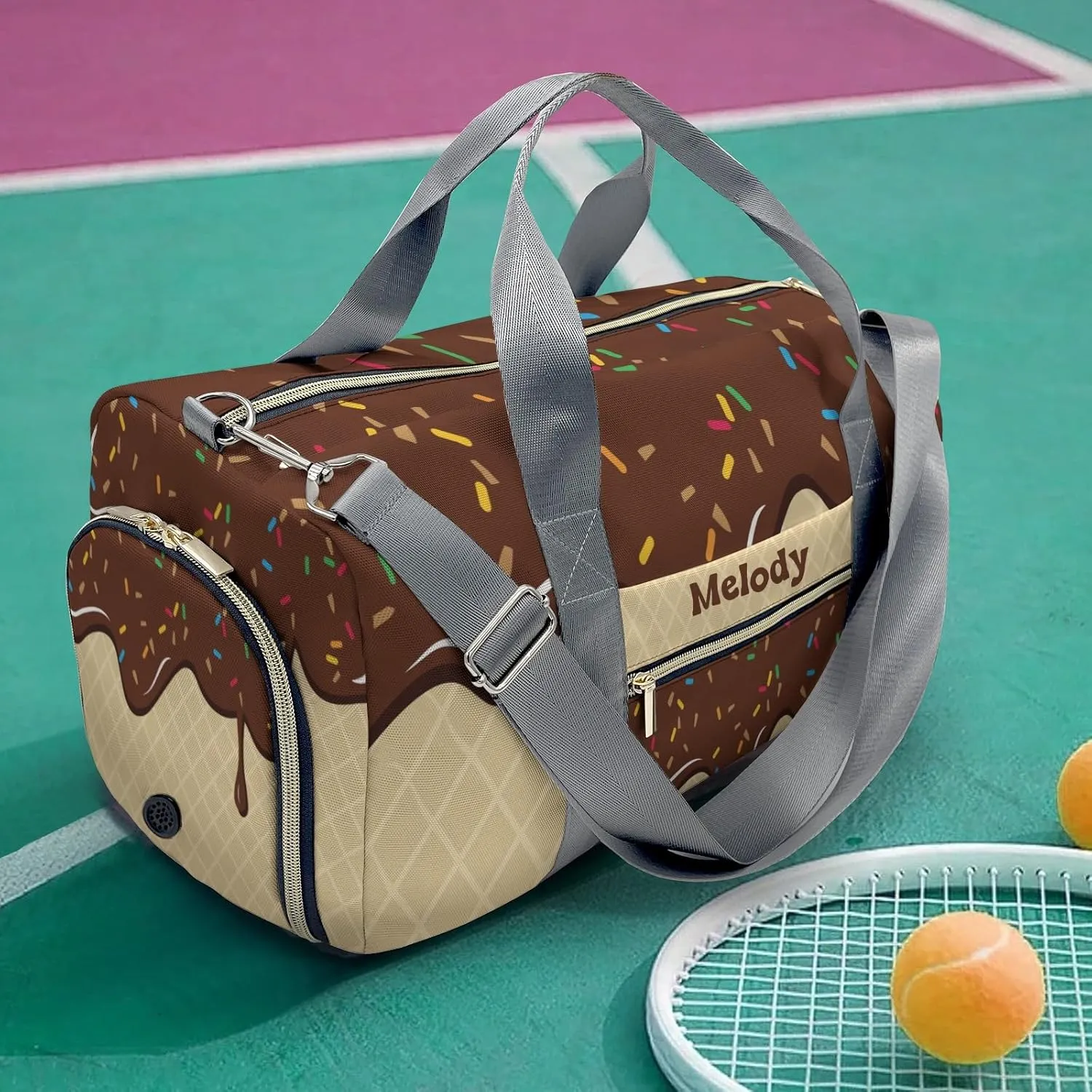 Choocolate Ice Cream Personalized Duffel Bag,Custom Travel Gym Bag with Name,Waterproof Sports Overnight Bag with Shoe Compartment & Shoulder Strap