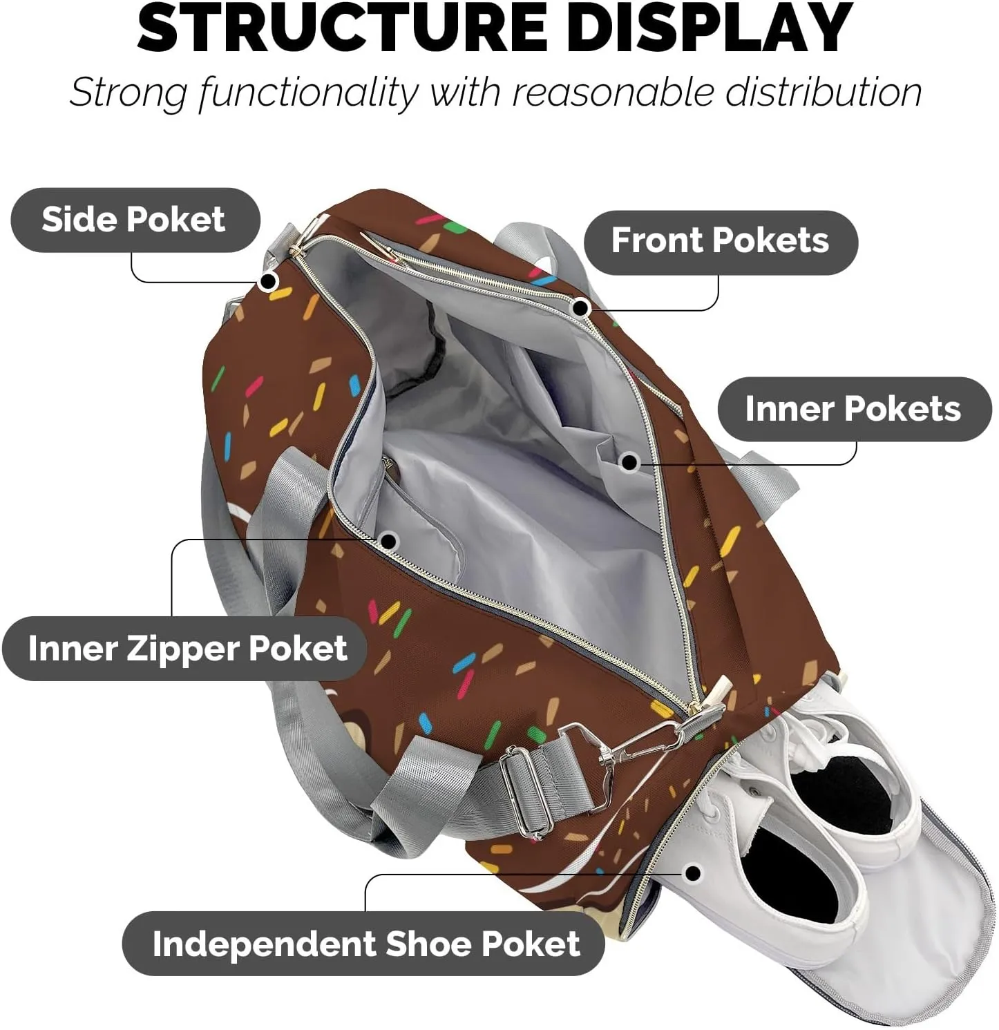 Choocolate Ice Cream Personalized Duffel Bag,Custom Travel Gym Bag with Name,Waterproof Sports Overnight Bag with Shoe Compartment & Shoulder Strap