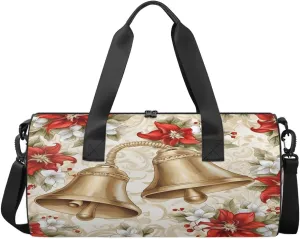 Christmas Bells Flowers Travel Gym Bag Waterproof Sport Dance Bag for Women Men Portable Gymnastics Duffel Bags Canvas Tote Carry on Handbag for Workout Overnight Weekender