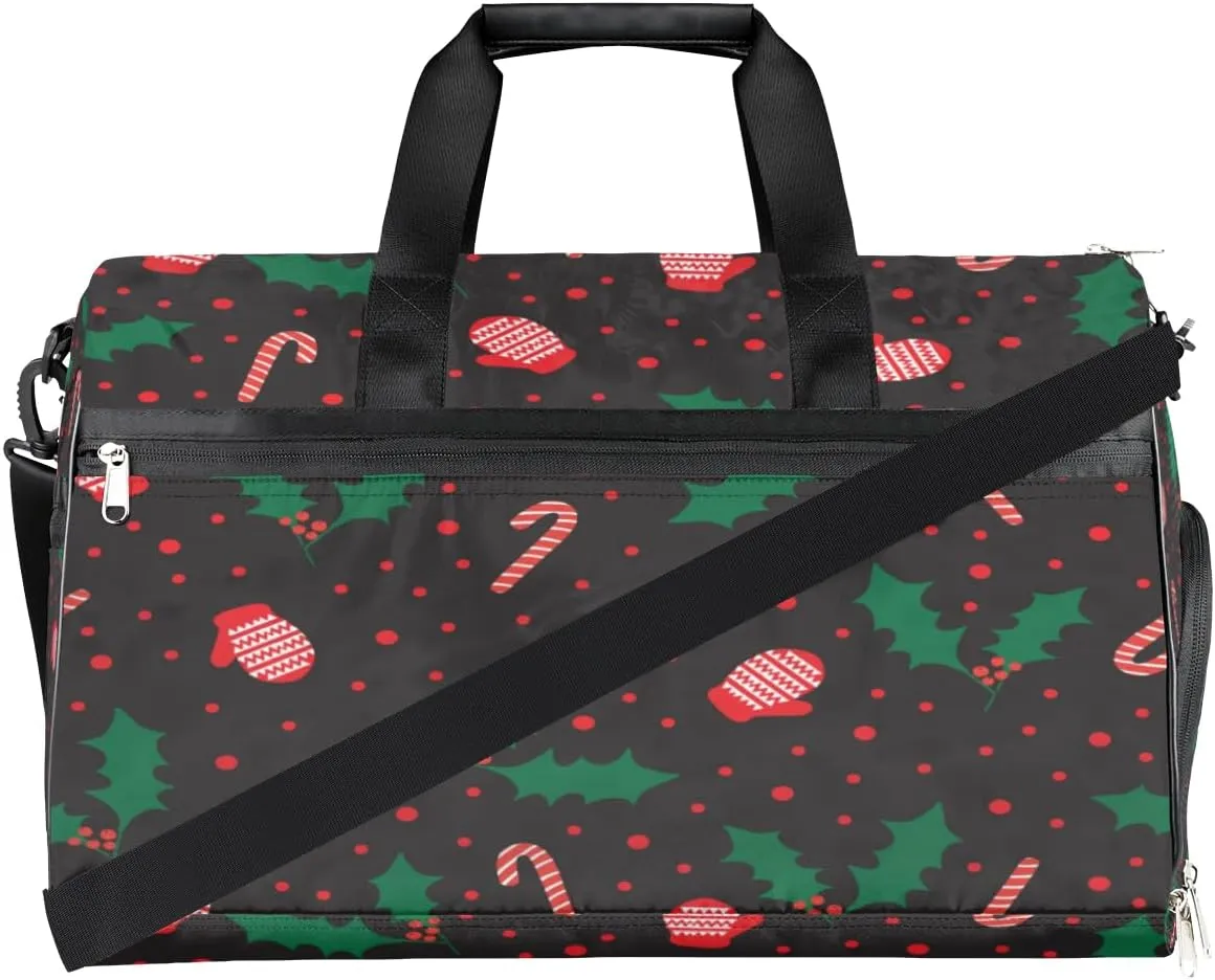 Christmas Gloves Cane Sports Gym Bag for Women Men Travel Duffel Bag with Wet Pocket & Shoes Compartment Waterproof Weekender Overnight Tote Carry on Bag Lightweight