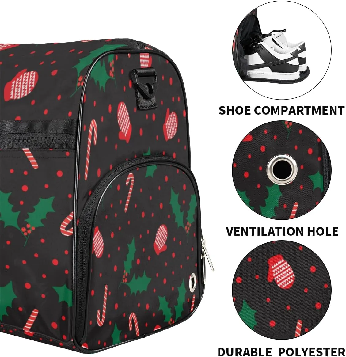 Christmas Gloves Cane Sports Gym Bag for Women Men Travel Duffel Bag with Wet Pocket & Shoes Compartment Waterproof Weekender Overnight Tote Carry on Bag Lightweight