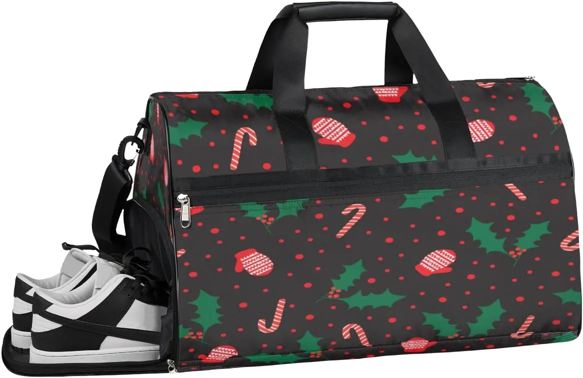 Christmas Gloves Cane Sports Gym Bag for Women Men Travel Duffel Bag with Wet Pocket & Shoes Compartment Waterproof Weekender Overnight Tote Carry on Bag Lightweight