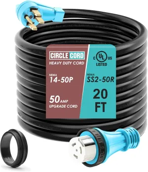CircleCord UL Listed 50 Amp RV/Generator Cord with Locking Connector, Heavy Duty 6/3 8/1 Gauge STW Wire, 14-50P Male and SS2-50R Twist Locking Female for RV Camper and Generator to House (20 Feet)