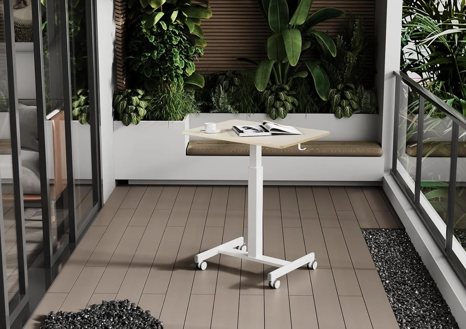 Claiks Mobile Standing Desk, Small Rolling Standing Desk with Wheels, Pneumatic Mobile Desks Workstation with Hook, Natural