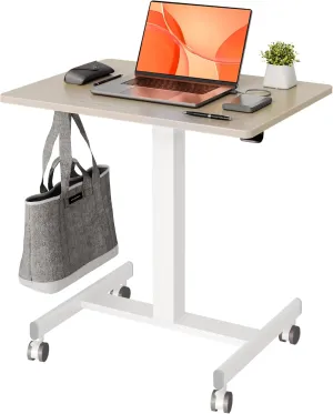 Claiks Mobile Standing Desk, Small Rolling Standing Desk with Wheels, Pneumatic Mobile Desks Workstation with Hook, Natural