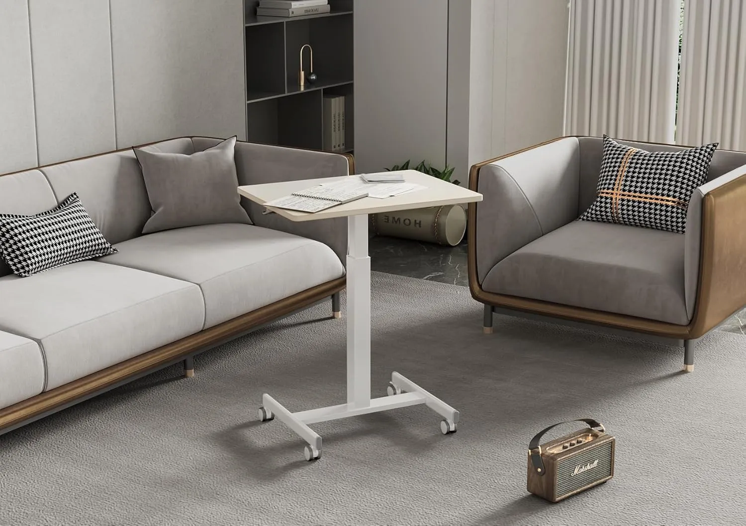 Claiks Mobile Standing Desk, Small Rolling Standing Desk with Wheels, Pneumatic Mobile Desks Workstation with Hook, Natural
