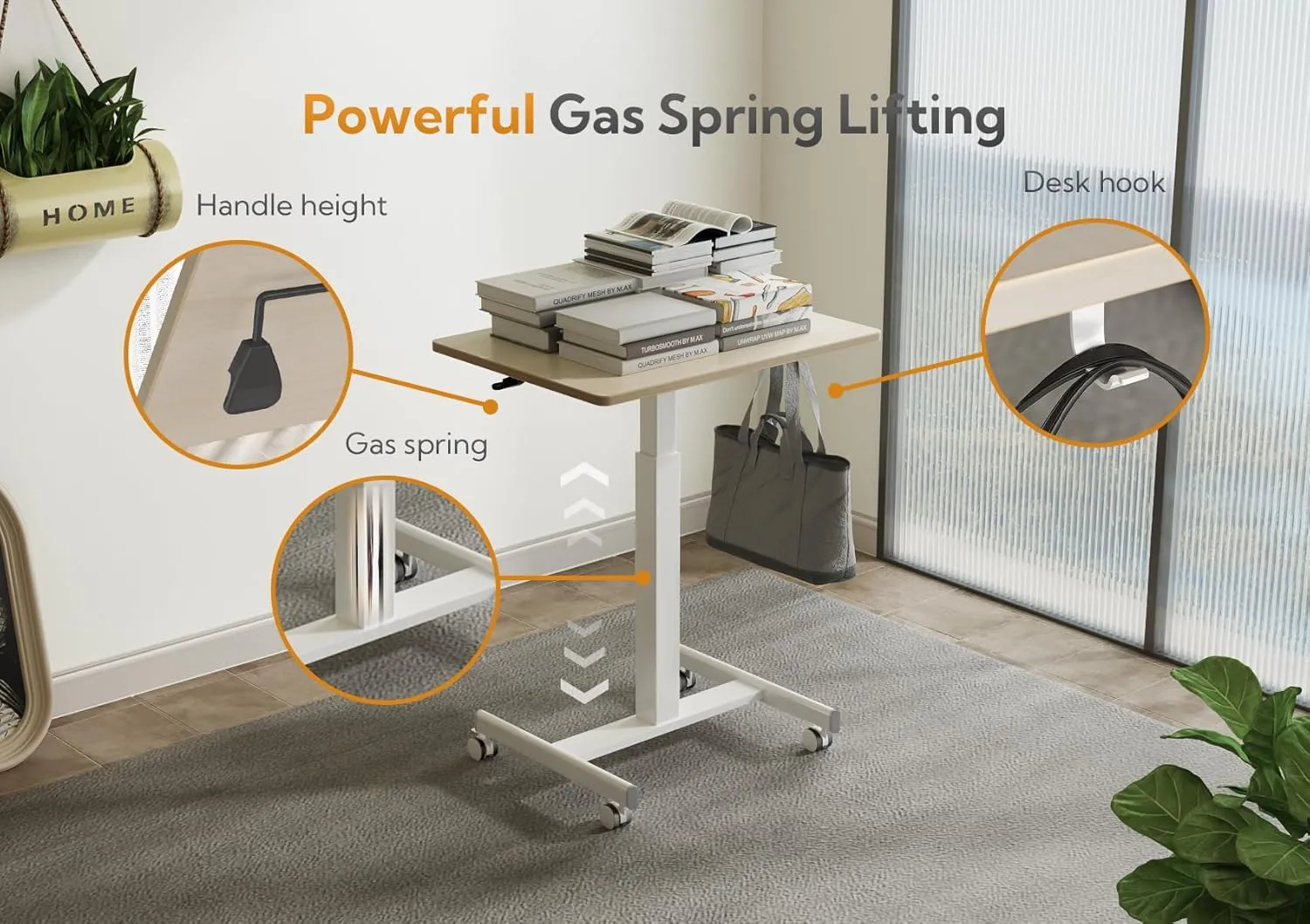 Claiks Mobile Standing Desk, Small Rolling Standing Desk with Wheels, Pneumatic Mobile Desks Workstation with Hook, Natural