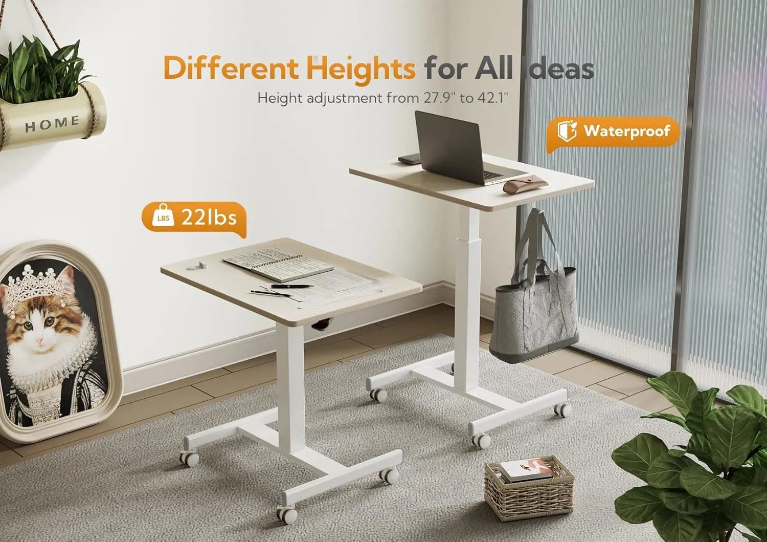 Claiks Mobile Standing Desk, Small Rolling Standing Desk with Wheels, Pneumatic Mobile Desks Workstation with Hook, Natural
