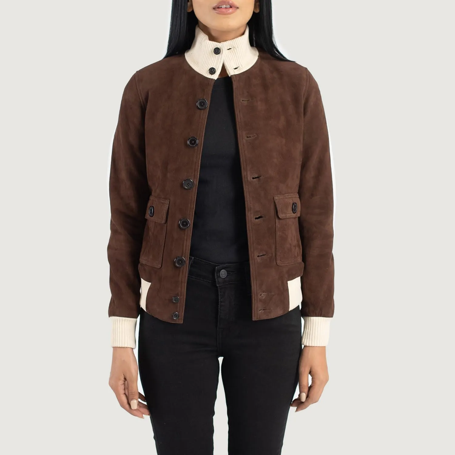 Classic Women's Brown Suede Bomber Jacket - Soft Premium Leather Outerwear for Everyday Wear