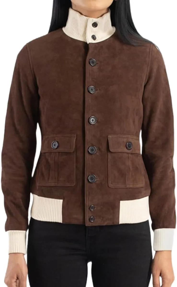 Classic Women's Brown Suede Bomber Jacket - Soft Premium Leather Outerwear for Everyday Wear