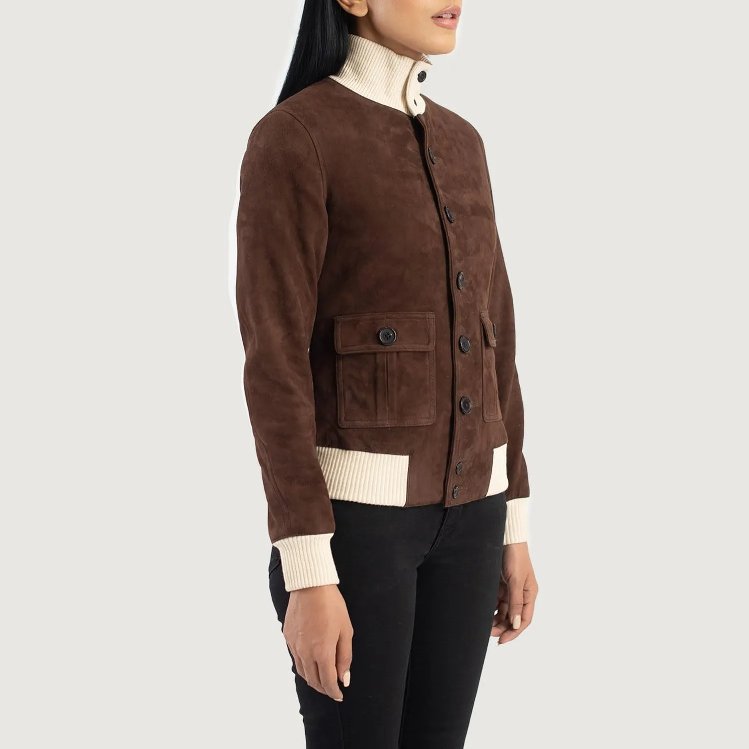 Classic Women's Brown Suede Bomber Jacket - Soft Premium Leather Outerwear for Everyday Wear