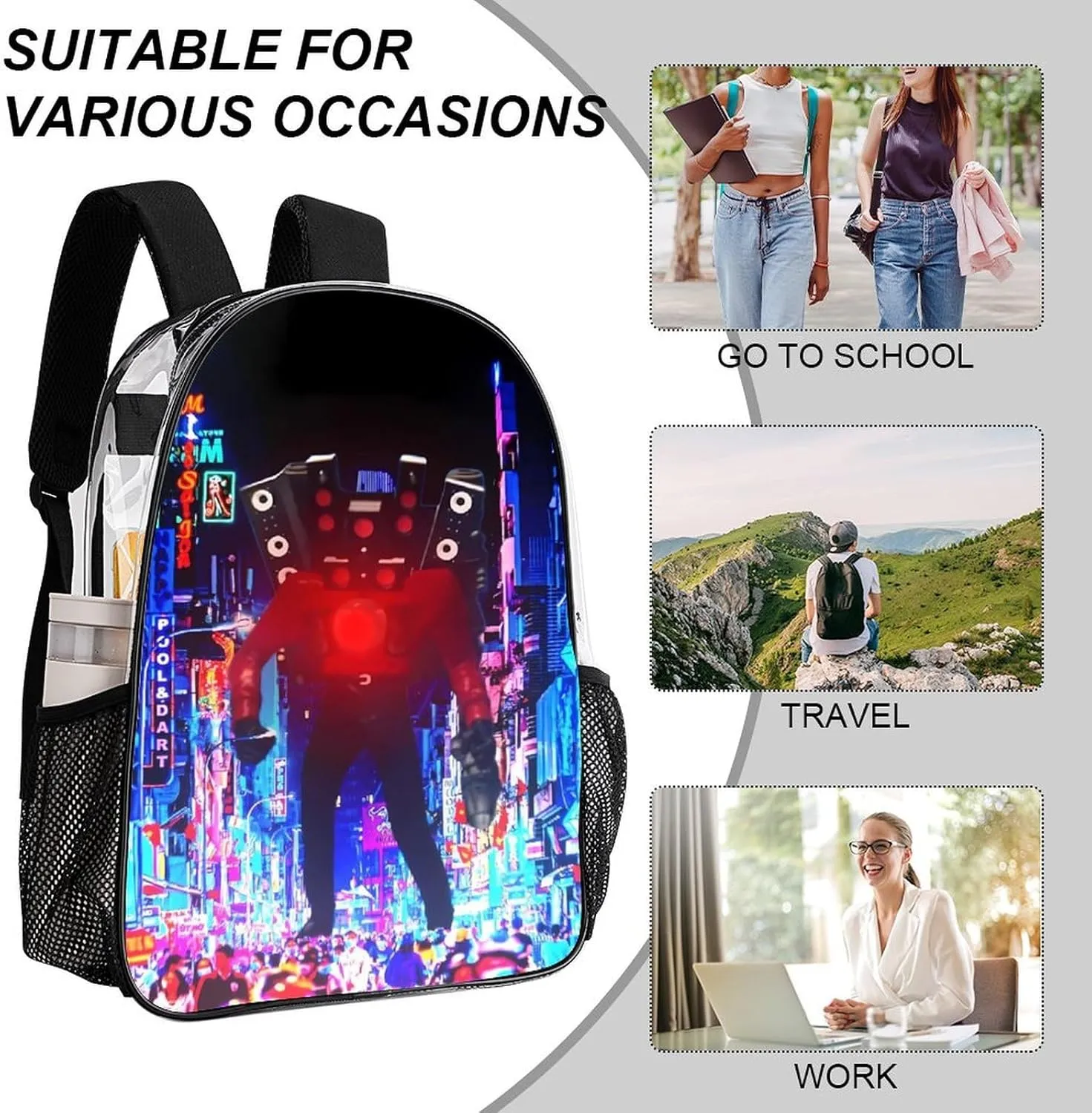 Clear Backpack Heavy Duty PVC Transparent Funny Toi-let Backpack 17"" Large Capacity See Through Bag for College, 43x32x13cm, Style
