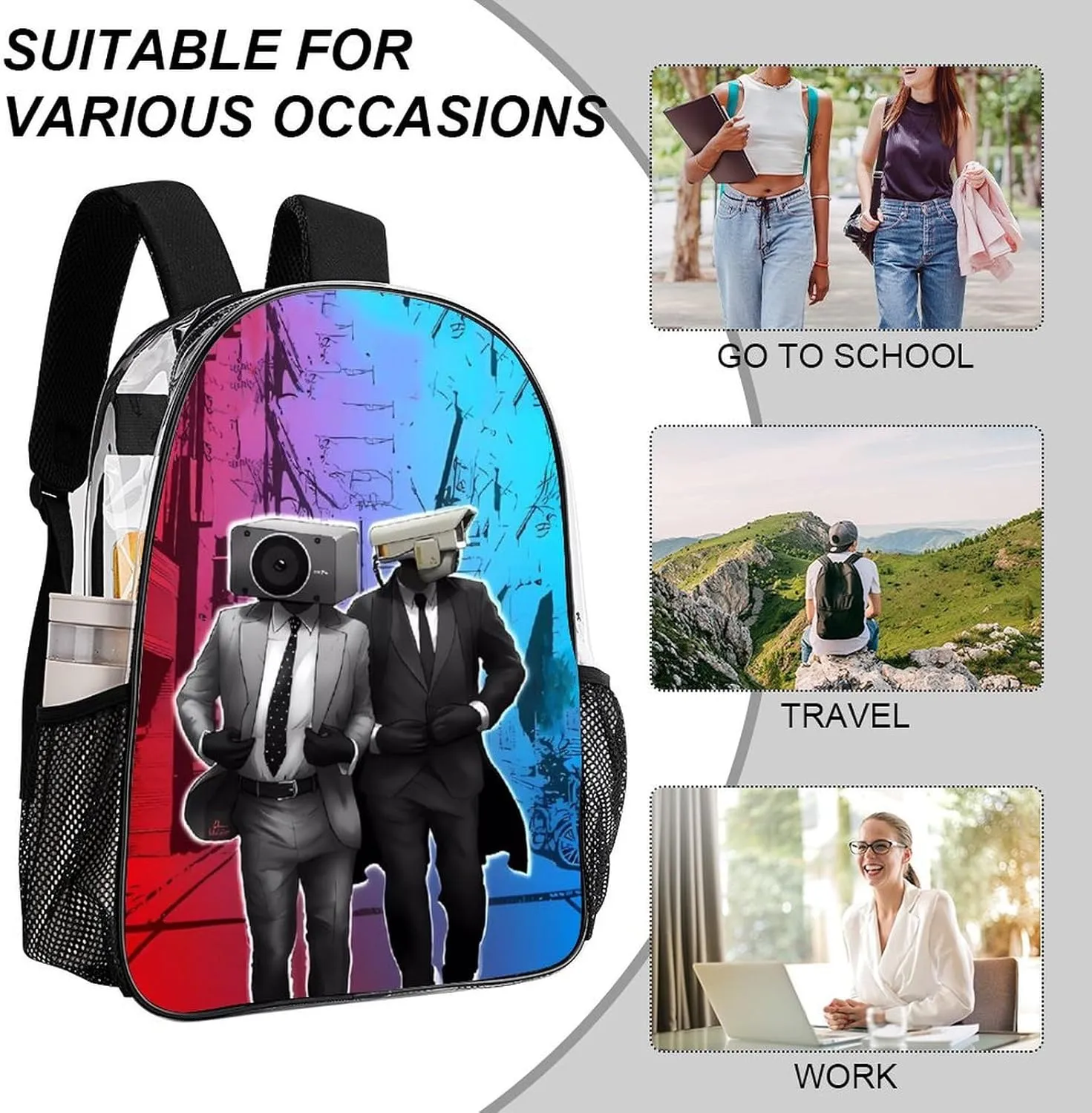 Clear Backpack Heavy Duty PVC Transparent Funny Toi-let Backpack 17"" Large Capacity See Through Bag for Work, 43x32x13cm, Style-2