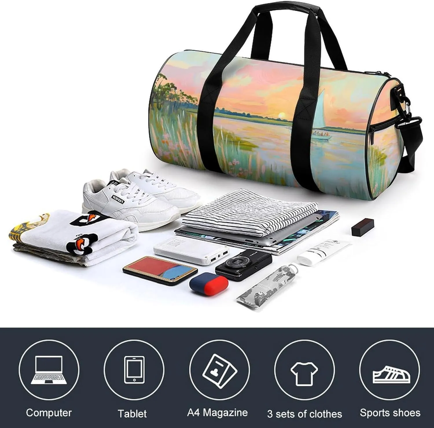 Coastal Scende Sailboat Sunset Travel Gym Bag for Women Men Cylindrical Duffle Bag Sport Workout Bag with Shoulder Strap