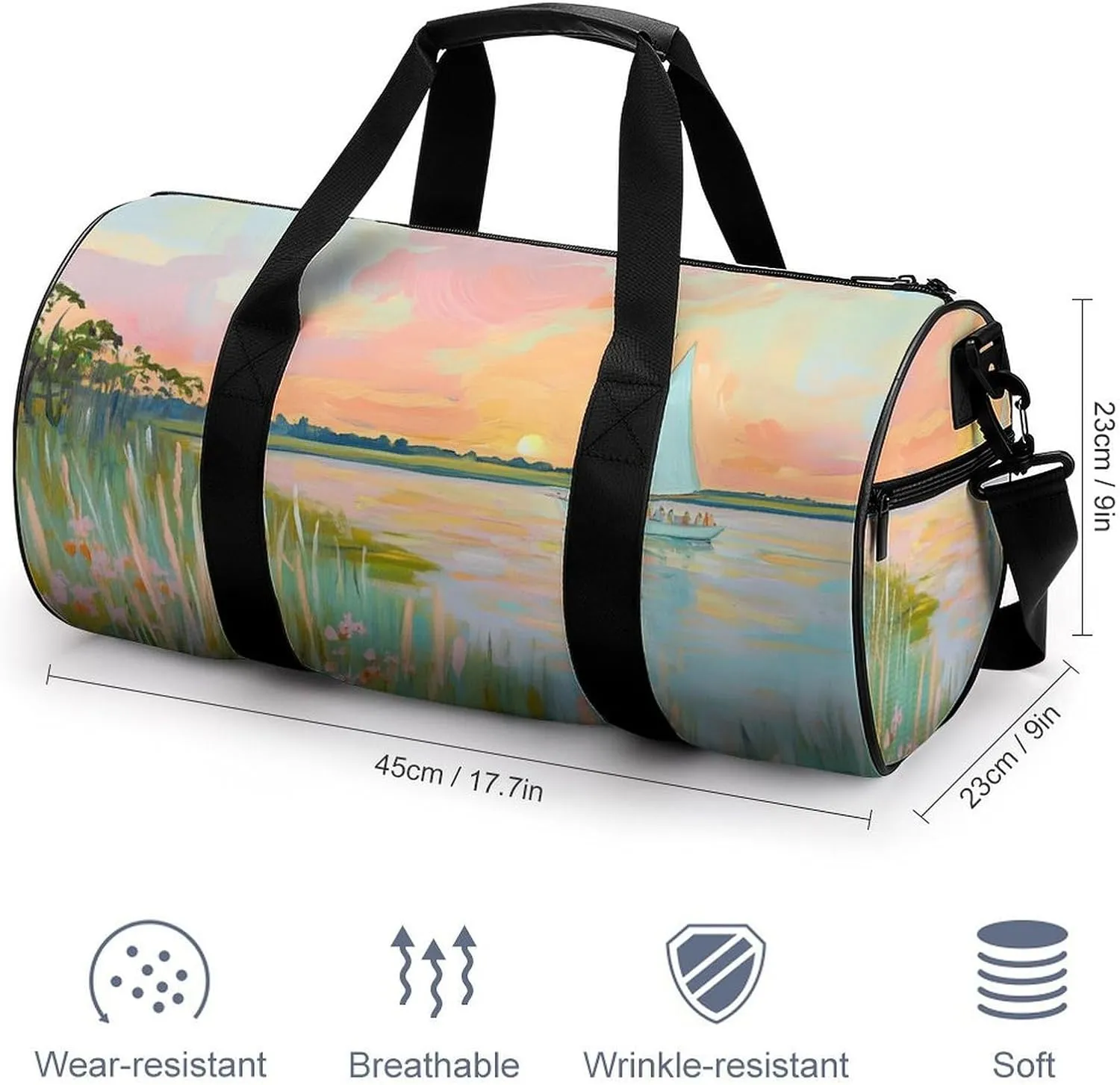 Coastal Scende Sailboat Sunset Travel Gym Bag for Women Men Cylindrical Duffle Bag Sport Workout Bag with Shoulder Strap