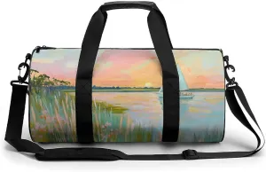 Coastal Scende Sailboat Sunset Travel Gym Bag for Women Men Cylindrical Duffle Bag Sport Workout Bag with Shoulder Strap