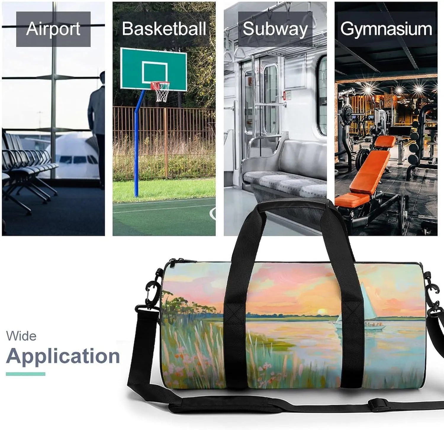 Coastal Scende Sailboat Sunset Travel Gym Bag for Women Men Cylindrical Duffle Bag Sport Workout Bag with Shoulder Strap