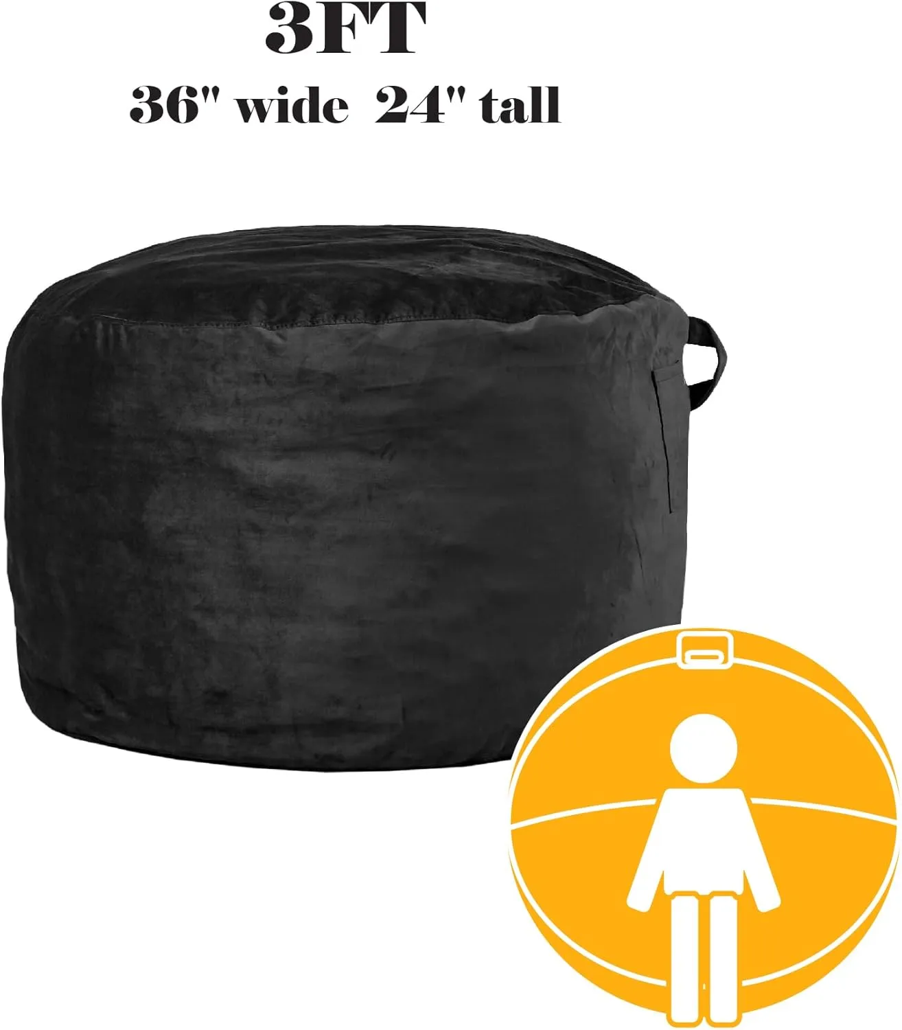 Codi Bean Bag Chair with Filler Included for College Students, 3 FT Comfy Beanbag Chairs for Adults - Machine Washable, Black, 3ft