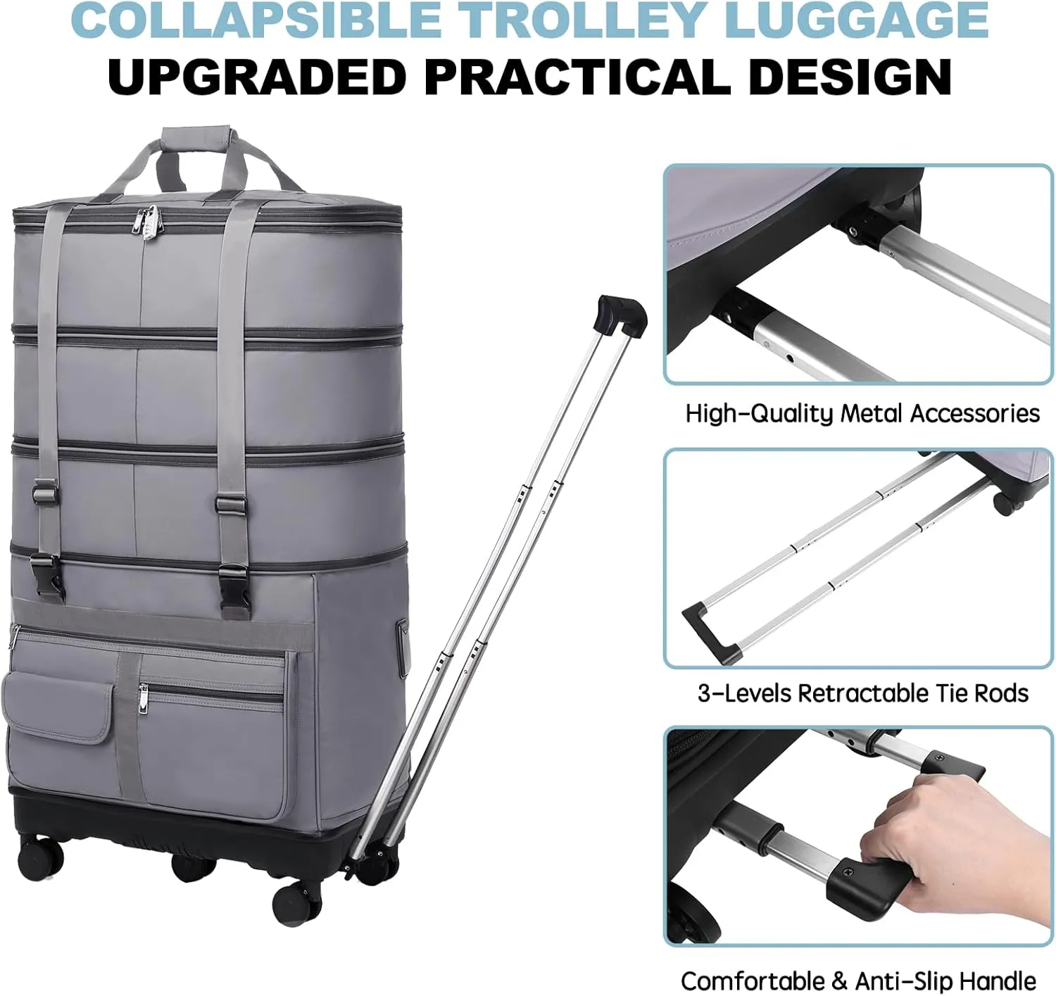 Collapsible Suitcases with Wheels,Expandable Foldable Luggage Bag with Telescoping Handle,Lightweight Travel Bag for Men,Rolling Duffel for Women