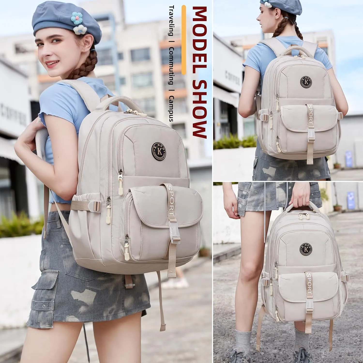 College Backpack, Travel Laptop Backpacks, Large Kids School Bag for Teens Girls Boys Students Bookbag Fit for 15.6 Inch Computer Waterproof Business Work Back Pack for Women Men Daypack Beige