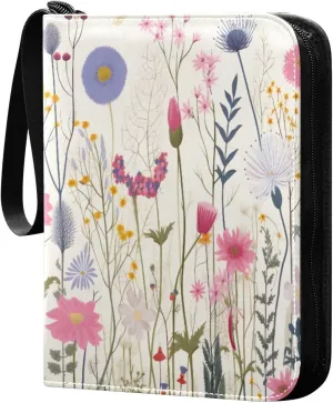 Colorful Wild Flower Card Binder with 50 Removable Page Sleeves PU Leather Collectible Trading Card Albums Book with Zipper for Games Card,Baseball Cards