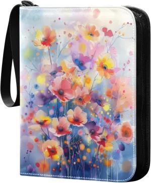 Colorful Wild Flowers (12) Card Binder with 50 Removable Page Sleeves PU Leather Collectible Trading Card Albums Book with Zipper for Games Card,Baseball Cards