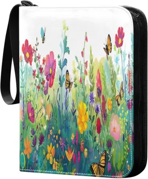 Colorful Wild Flowers (6) Card Binder with 50 Removable Page Sleeves PU Leather Collectible Trading Card Albums Book with Zipper for Games Card,Baseball Cards
