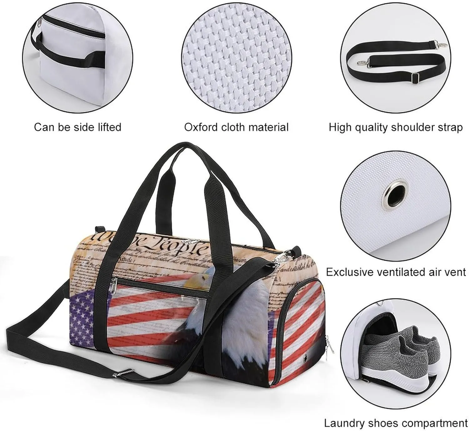 Constitution Eagle And US Flag Gym Bag-Workout Organizer with Water Resistant Compartments for Gym Lovers, style-37-6
